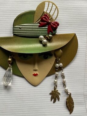 vintage one of a kind 1980s hand-painted metal enamelware face brooch